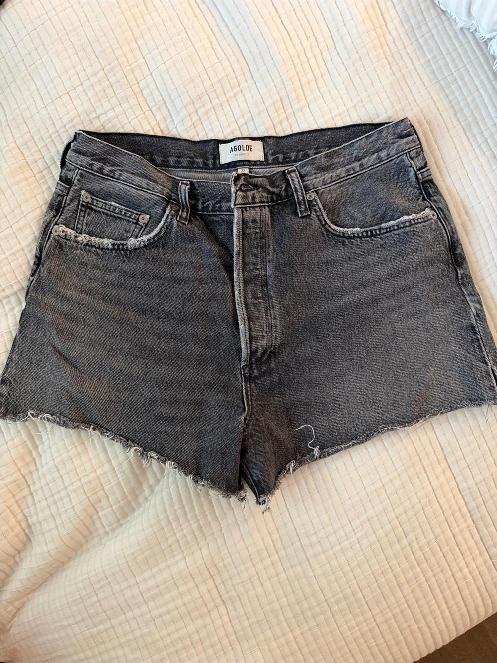Agolde Washed Black High-Rise Raw Hem Denim Shorts